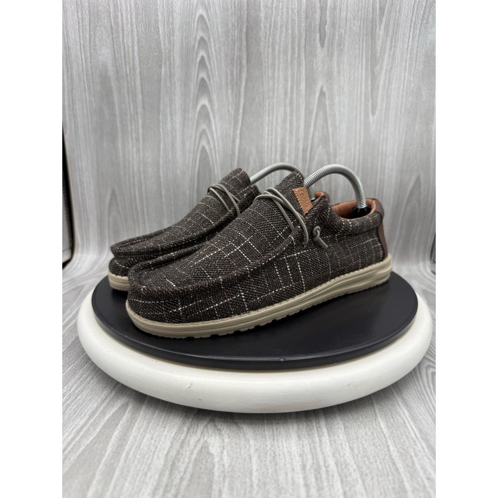 Hey Dude Wally Plaid Mens Size 8 Brown Knit Casual Slip On Shoes NEW